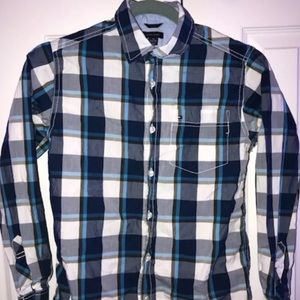 Dark blue and white long sleeve button down shirt